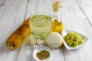 Чтобы приготовить суп, нужно взять печёную кукурузу, бульон, лук, чеснок, перец сладкий и острый (по вкусу), зиру, соль, оливковое масло.