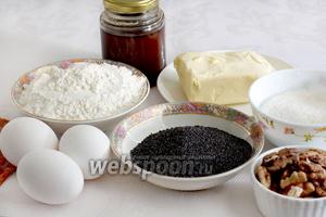 Для приготовления маково-орехового пирога возьмём мягкое сливочное масло, яйца комнатной температуры, мак, сахар, муку, орехи, разрыхлитель, ванилин, мёд.