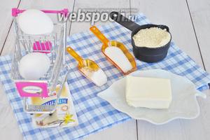 Для коржа потребуется мука пшеничная, сахар, миндальная мука, ванилин, масло сливочное мягкое, яйца, разрыхлитель.