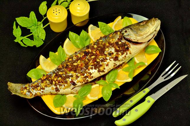 Фото Сибас, запечённый с кедровыми орехами и хлебными крошками