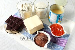 Для приготовления нам понадобятся яйца куриные, сахар, мука пшеничная, какао порошок, сливочное масло, вода, ванилин, сгущённое молоко, тёмный шоколад и джем абрикосовый.