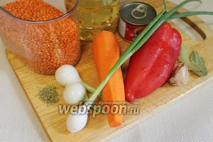 Для приготовления супа возьмём чечевицу, перец, лук, морковь, чеснок, томатную пасту, растительное масло, майоран, лавровый лист, соль.