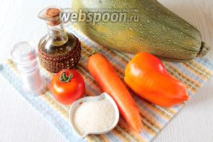 Для приготовления аджики из кабачков нам понадобятся: кабачки, морковь, сладкий перец, чеснок, помидоры, красный молотый перец, сахар, соль, растительное масло и уксус 9%.