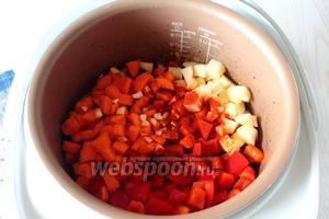 Солим по вкусу, добавляем перец чёрный молотый, паприку, измельчённый чеснок, вливаем воду (1 стакан требуется для густой подливы), перемешиваем и закрываем крышку мультиварки.