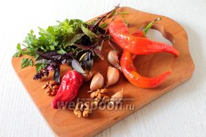 Для приготовления аджики нам понадобятся следующие продукты: перец острый, чеснок, орехи грецкие, соль, кориандр, зелень петрушки и свежий базилик.