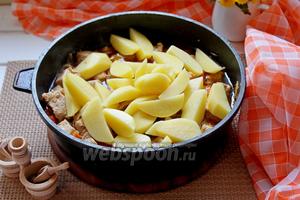 Выложить картофель к тушёному мясу, присолить и приправить по вкусу, накрыть крышкой и готовить 20 минут на медленном огне. Если необходимо, то можно добавить ещё немного воды.