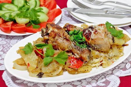 Фото рецепта Куриные голени в маринаде, запечённые с овощами