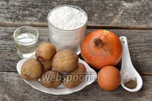 Для приготовления палюшек нам понадобится картофель, мука, яйцо, соль, сахар, лук, подсолнечное масло.