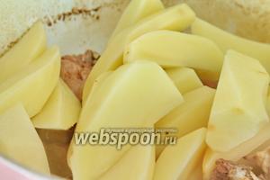 Кладём картофель к мясу, перемешиваем. Можно чуть посолить по вкусу. Если вода сильно выпарилась, то долить немного воды. чтобы картофель приготовлися.