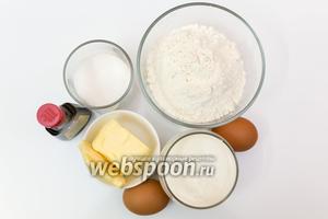 Для приготовления нам понадобятся мука, соль, сахар, кефир, ванильный экстракт, масло сливочное, яйца, сахар, разрыхлитель.