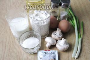 Для приготовления жареных пирожков с зелёным луком, яйцом и грибами понадобятся следующие продукты: молоко, дрожжи сухие, сахар, соль, мука, масло подсолнечное, яйца, лук зелёный, шампиньоны и перец чёрный молотый.