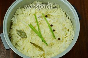 Складываем капусту в чашу мультиварки, добавляем лавровый лист, перец, стебельки петрушки, заливаем одним стаканом воды и включаем на час программу «Тушение» (у меня мультиварка Polaris 0517AD).