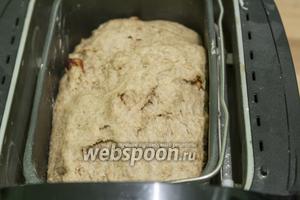 Добавим в хлебопечку кусочки сушёных яблок и семена льна, когда уже будет сформован колобок нашего цельнозернового хлеба. К моменту начала выпечки тесто должно хорошо подойти и выглядеть вот так.