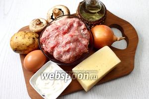 Для приготовления нам понадобятся следующие ингредиенты: фарш свиной, шампиньоны, картофель, сыр твёрдый, соль, специи, лук репчатый, сметана, майонез, яйцо куриное, чеснок и молоко.