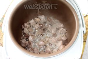 Мясо порезать на мелкие кусочки и положить в чашу мультиварки с растительным маслом. Установить режим «Жарка» на 10 минут, крышку не закрывать.