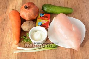 Для приготовления нам понадобится куриная грудка, гранат, картофель, морковь, огурцы, зелёный лук, петрушка, плавленый сыр, майонез.