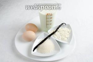 Начнём с приготовления ванильного крема. Для приготовления крема нужно взять муку, молоко, желтки, сахар, ваниль.