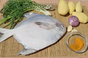 Это все ингредиенты, которые нам необходимы: серебристый памп, зелёный лучок, репчатый лук, чеснок, укроп, картофель, специи (куркума, зира, карри), подсолнечное масло и соль.