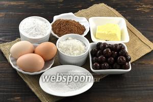 Для работы нам понадобится сливочное масло, мука, сахар, какао, разрыхлитель, яйца, ванильный сахар, консервированная вишня.