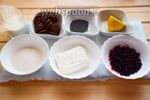 Перед вами ингредиенты для приготовления вкусного десерта: творог, сахар, молоко, чёрная смородина, лимон, мак, шоколадное песочное печенье, желатин.