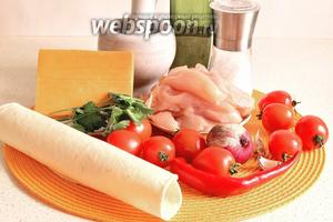 Подготовим все продукты: масло растительное, лепёшки тортилья (пшеничные или кукурузные), сыр Чеддер, кинза свежая, специи, помидоры, соль, сахар, курица, красный лук (можно заменить на репчатый), чеснок.