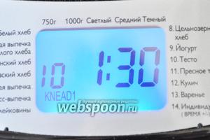 Поместим ведёрко в хлебопечку и включим программу «тесто». За 1,5 часа тесто будет вымешано и произойдёт первый подъём.