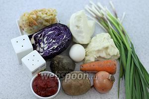Возьмите такие продукты: капусту белокочанную и краснокочанную, лук, морковь, свёклу, масло подсолнечное, молодой чеснок перо, томатную пасту, яйца куриные, перец сладкий, картофель, воду, соль, перец молотый, лавровый лист.