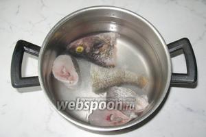 Положить рыбу в кастрюлю и залить водой. Накрыть крышкой и поставить варить на небольшом огне. Когда в процессе закипания будет образовываться пена, снимать её. Варить бульон 20-25 минут.