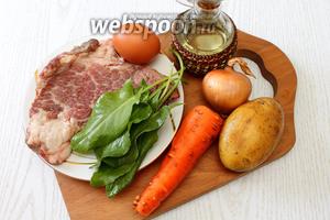 Для приготовления нам понадобится вода, мясо, картофель, лук, морковь, щавель, зелень, варёные яйца, соль и масло растительное.