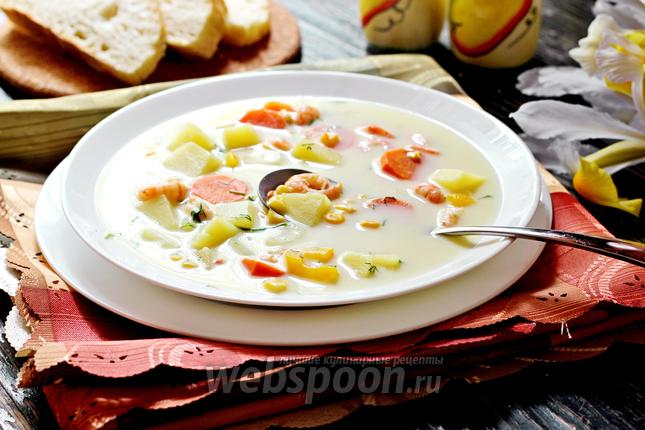 Фото Суп сырный с креветками и кукурузой
