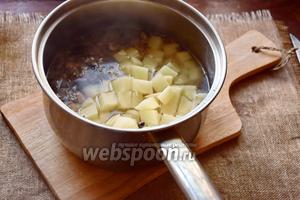 После закипания воды, положим в кастрюлю картофель, посолим и будем варить на среднем огне до готовности картофеля.