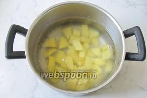 В кастрюлю наливаем мясной бульон. У меня куриный. Картофель чистим, моем и нарезаем кубиками, но не очень мелко. Кладём в кастрюлю и ставим на огонь.