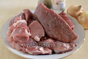 Для приготовления фарша нам понадобится: свежее мясо (свиная шейка и мякоть говядины), соль, репчатый лук и перец.