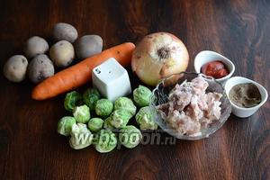 Для приготовления супа с брюссельской капустой и тушёнкой вам понадобится перец чёрный молотый, соль, томатная паста, тушёнка свиная, лук, брюссельская капуста, морковь и картофель.