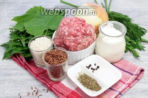 Под рукой держим говяжий фарш, 2 вида риса, обязательный компонент блюда — виноградные листья, луковицу, зелень, специи, густую сметану.