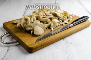 Грибы быстро вымыть. Просушить на салфетке. Нарезать произвольно, отделив жёсткую ножку гриба.