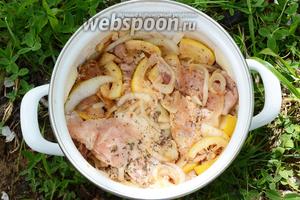Далее подготавливаем маринад. В кастрюлю кладём мясо, добавляем мяту, кладём соль и перец красный молотый по вкусу. Лимон нарезаем кольцами, а затем отжимаем его. Перемешиваем содержимое. Оставляем на 12 часов в прохладном месте.