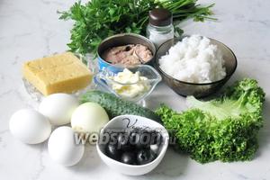 Для приготовления салата «Обезьяна» потребуются такие продукты: консервы сардины в масле или в собственном соку, яйца, огурцы свежие, лук репчатый, рис, петрушка, майонез, маслины без косточек, сыр твёрдый, соль, перец чёрный молотый и салат зелёный.