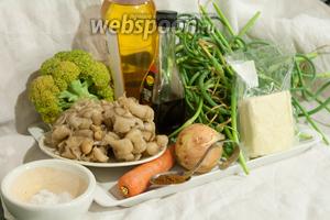 Подготовим, перед жаркой овощного гарнира с грибами и тофу, все необходимые для этого продукты: стрелки чеснока, лук репчатый, морковь, брокколи, вёшенку, тофу, соль, сухую аджику, рисовое масло и соевый соус.
