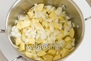 Картофель следует почистить и нарезать небольшими кусочками, лук также почистите и мелко нарежьте. Поместите продукты в кастрюлю.