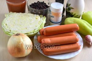 Подготовьте необходимые ингредиенты для приготовления блюда: сухую фасоль, белокочанную капусту, сосиски, лук, чеснок, сладкий перец, растительное масло, соль и перец.
