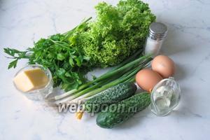 Для приготовления салата с яйцом пашот потребуется: яйцо, свежий огурец, зелёный лук, салат листовой, свежая петрушка, любой твёрдый сыр, подсолнечное или оливковое масло, соль.