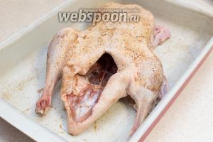 Для начала подготовьте утку. Утку следует помыть, зачистить от остатков перьев, удалить лишний жир. Затем хорошенько натрите её солью, заверните в пакет или плёнку и отправьте мариноваться на сутки в холодильник. После, достаньте утку из холодильника, пусть она немного постоит при комнатной температуре, переложите её в противень для запекания. Смажьте чесноком и перцем.