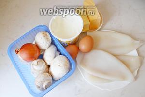 Приготовим все ингредиенты: очищенные тушки кальмаров, грибы, лук, сыр, сметану, сливки, масло сливочное, соль.