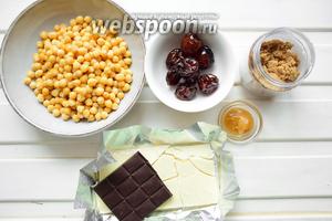 Ингредиенты: нут варёный (250 г именно варёного нута), финики, арахисовая паста (нам нужно 3 столовых ложки, точную цифру в граммах я не знаю!!!), мёд, шоколад тёмный (можно взять половинку белого).