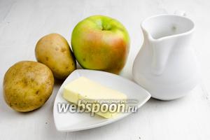 Чтобы приготовить картофельное пюре, нужно взять картофель, небольшую луковицу, яблоки, сок лимона, масло сливочное, соль, воду.