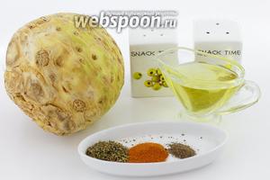 Для приготовления возьмите такие продукты: корень сельдерея, соль, паприку молотую, тимьян сушёный, масло подсолнечное, сок лимонный, перец чёрный молотый.