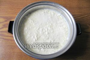 Молоко со сметаной и яйцами варить на огне чуть ниже среднего, постоянно помешивая в течение 7-8 минут. Молоко начнёт сворачиваться. Сначала появятся небольшие хлопья. Затем начнёт отделятся сыворотка, а хлопья станут крупными. Главное здесь не переварить сыр, иначе он будет жёстким. Когда хлопья станут соединяться в крупные сгустки, огонь выключить.