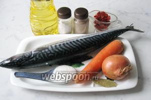 Для приготовления скумбрии в томатном соусе нужно взять скумбрию (у меня мороженая), лук репчатый, морковь, томатную пасту, подсолнечное рафинированное масло, соль, сахар, перец чёрный молотый, лавровый лист.