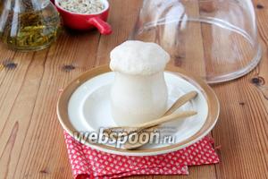В тёплую воду (80 мл) всыпаем сахарный песок (5 г) и дрожжевые гранулы (7 г), перемешиваем, растворяя крупинки, накрываем плёнкой или миской, оставляем на 10-15 минут до образования пышной пены.